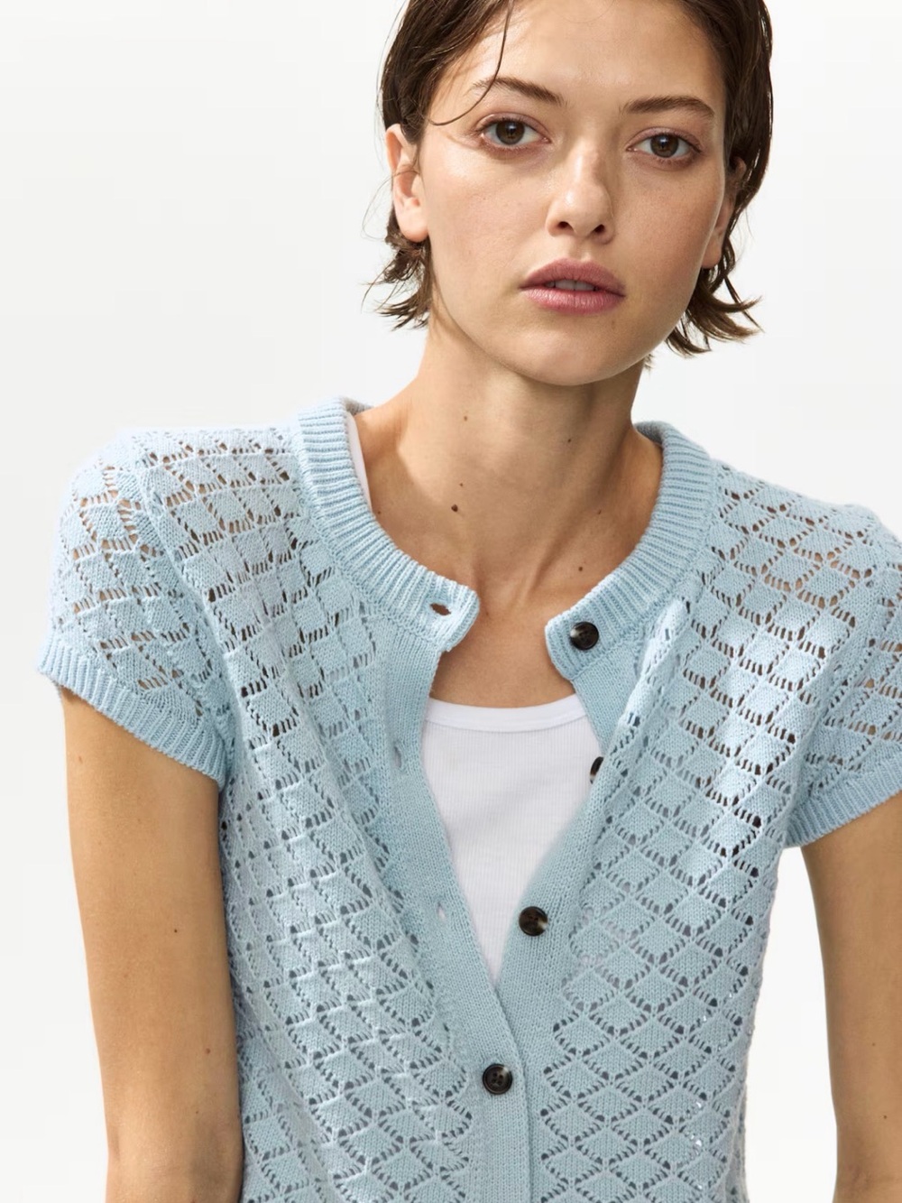 CAP-SLEEVED POINTELLE-KNIT CARDIGAN - Picture 3 of 4